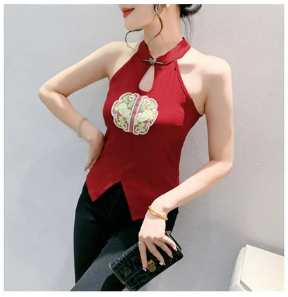 Chinese Style Embroidered Halterneck Vest Ladies Sleeveless Summer Wear Off-the-shoulder Small Suspender Chinese Slim Tank Top