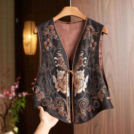 Satin Silk Vest Jacket for Women Spring 2025 New V-Neck Chinese Style Embroidery Top Women's Fashion Outerwear