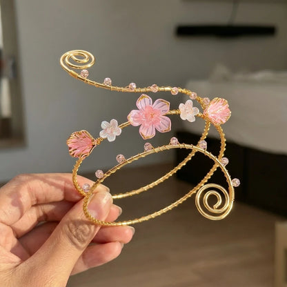 Elegant Gold Color Wire-Wrapped Upper Arm Cuff for Women Romantic Pink Iris Flower Armlet Bracelet Beach Party Charms Jewelry