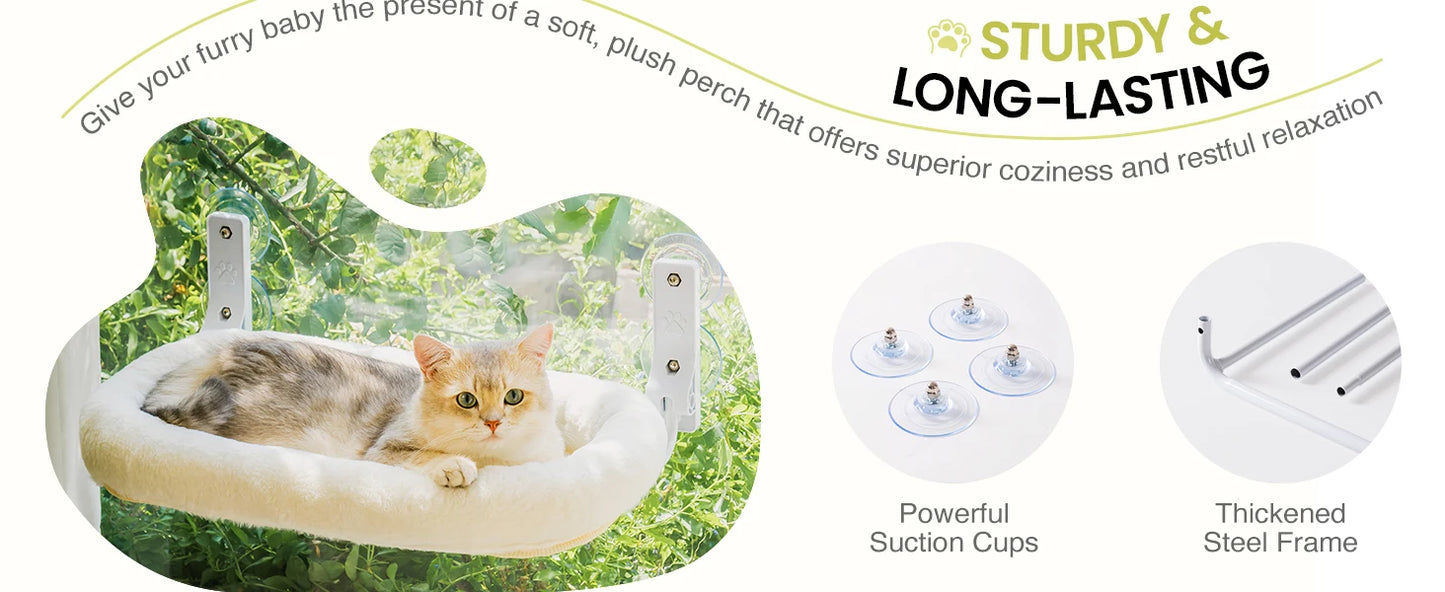 Mewoofun Foldable Cat Window Perch with 4 Strong Suction Cups Cordless Cat Window Hammock Removable Soft Cover White Brown Green