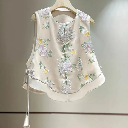 Satin Silk Embroidered Vest Women Chinese Style Vintage Vest Sleeveless Retro Tops Female Autumn New Fashion
