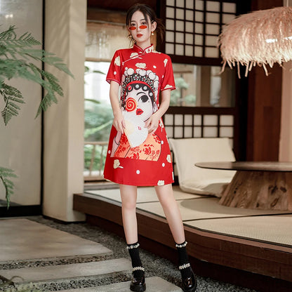 Chinese Traditional National Style Fashion Cartoon Printing Qipao Dress Summer Short Sleeve Elegant Modern Improved Cheongsam