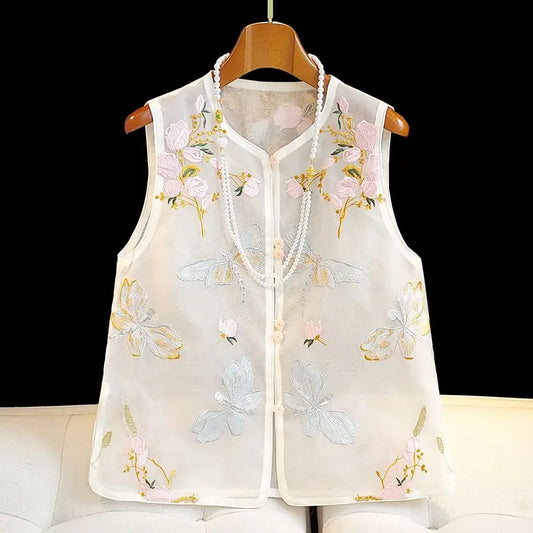 Embroidered Vest Women Chinese Style Vintage Vest Sleeveless Retro Buckle Tops Female Summer New Fashion