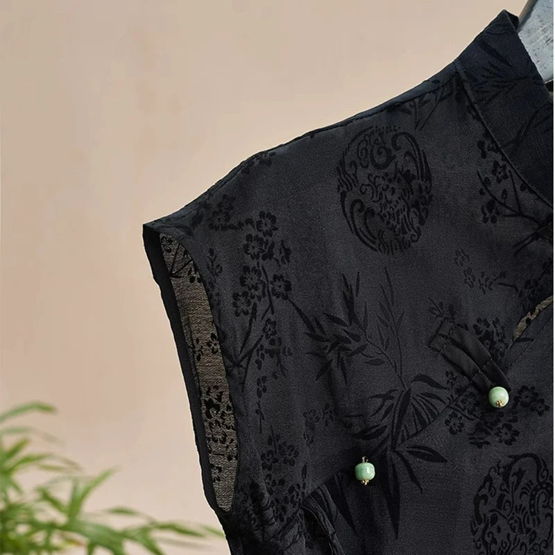 Retro Thin Shirt New Chinese Style Cheongsam Top Black Jacquard Short Sleeve T-shirt Summer Mature Fashion Women's Clothing