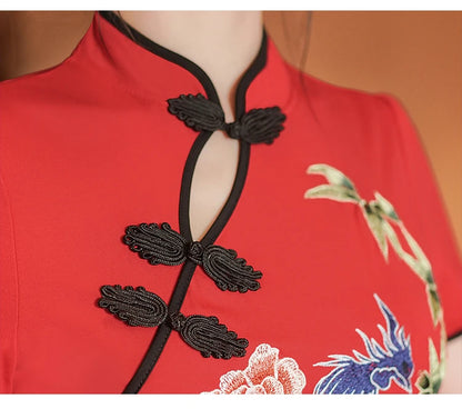 Two Piece Summer Young Red Qipao Chinese Style Retro New Phoenix Embroidery Short Cheongsam New Year CNY