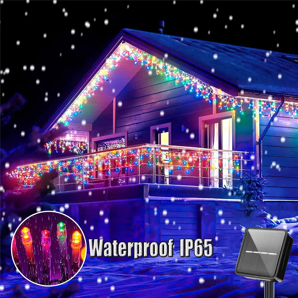 Solar Christmas Eaves Lights String Outdoor Waterproof Icicle Lights 8 Modes for Eaves Yard Party Indoor Holiday Decoration