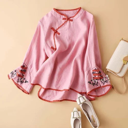 2023 Chinese Style Embroidery Blouse for Women  Summer O-neck Short Sleeve Cotton and  Linen traditional Tang suit Top