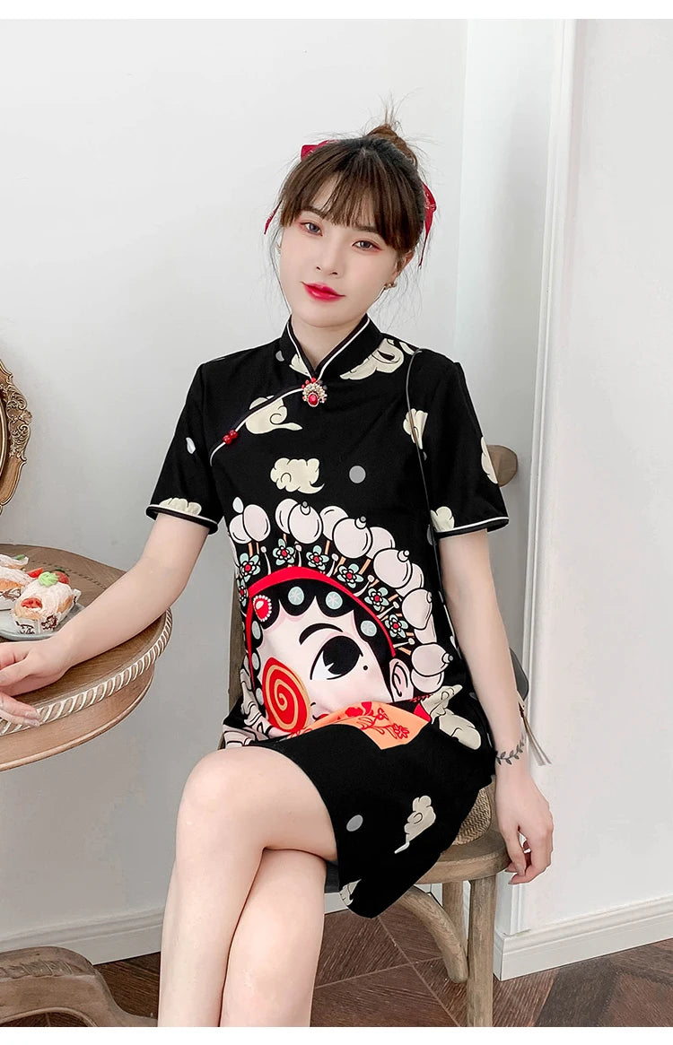 Chinese Traditional National Style Fashion Cartoon Printing Qipao Dress Summer Short Sleeve Elegant Modern Improved Cheongsam
