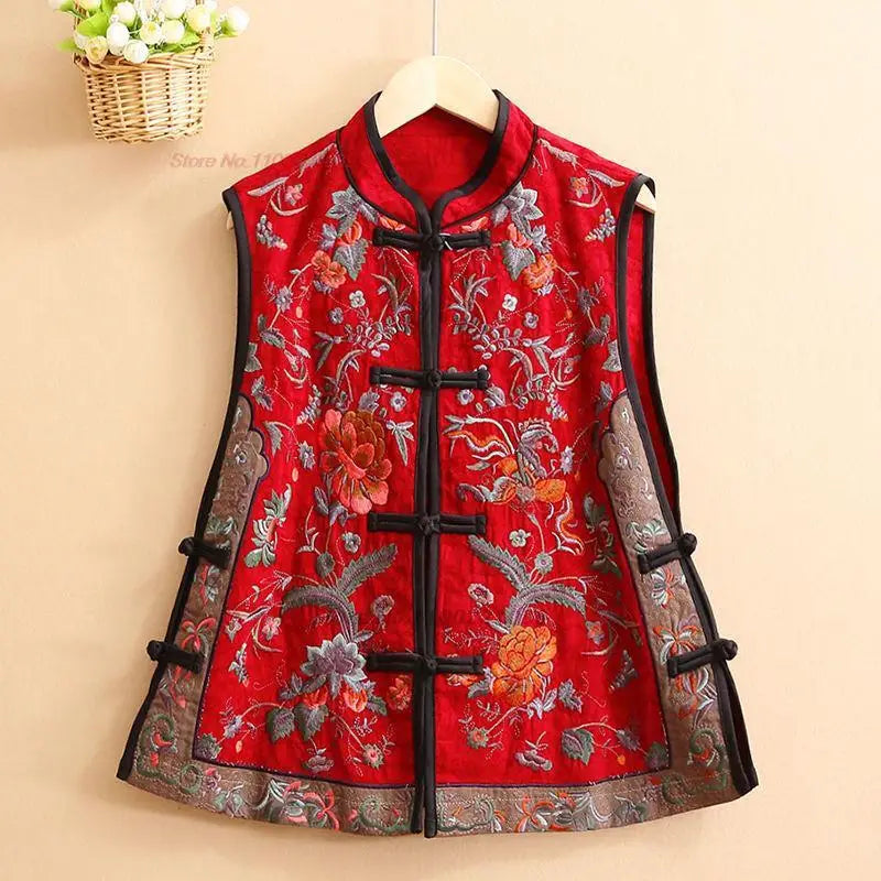 2026 chinese vintage vest national flower embroidery cotton linen folk vest traditional hanfu tops ethnic stand collar vest