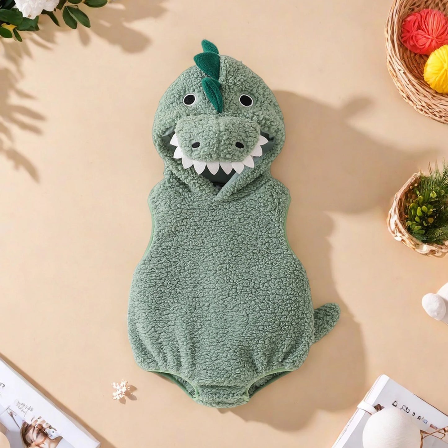 Halloween Newborn Baby Dinosaur Plush Overall Costume Sleeveless Cartoon Dinosaur Hooded Romper Party Funny Clothes Cosplay