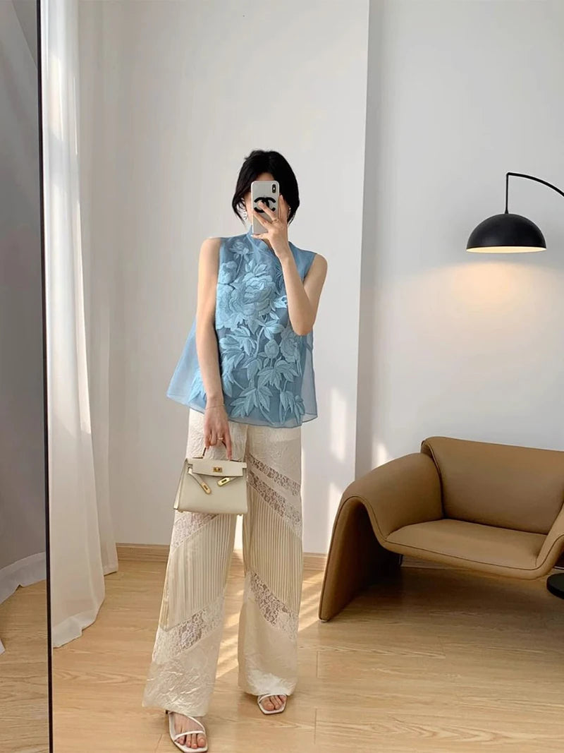 Summer Sleeveless Shirt Embroidered Slanted Stand Collar Chiffon Top Elegance Vest Blouse Chinese Style Women's Clothing