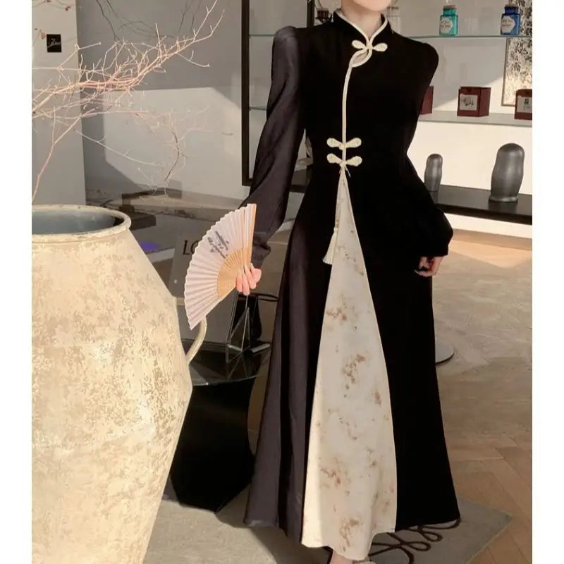 New Chinese Style Modified Cheongsam Dress for Women Spring and Autumn National Style Dark Pattern Jacquard Fashion Long Skirt