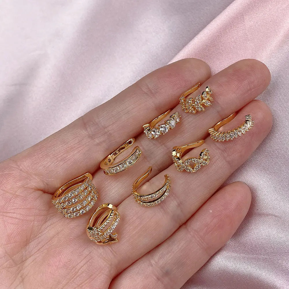 1Pc Fashion Geometry Crystal CZ  Leaf Clip Earring For Women Without Piercing Punk Vintage Star Ear Cuff Wrap Adjustable Jewelry
