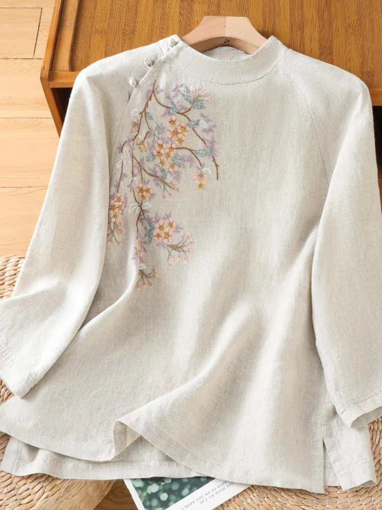 Chinese Style Women's Blouses Korean Embroidery Shirt FASHION Loose Spring/Summer Cotton Linen Clothing Three Quarter Women Tops