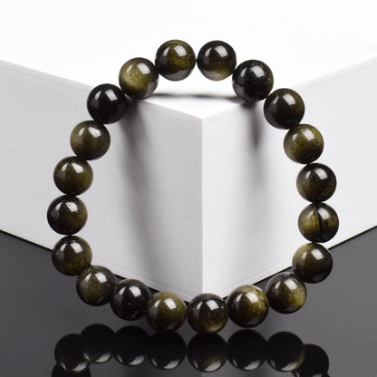 Natural Golden Obsidian Stone Beads Bracelet Men Women Golden Light Rainbow Obsidian Raw Stone Round Bead Natural Energy Jewelry