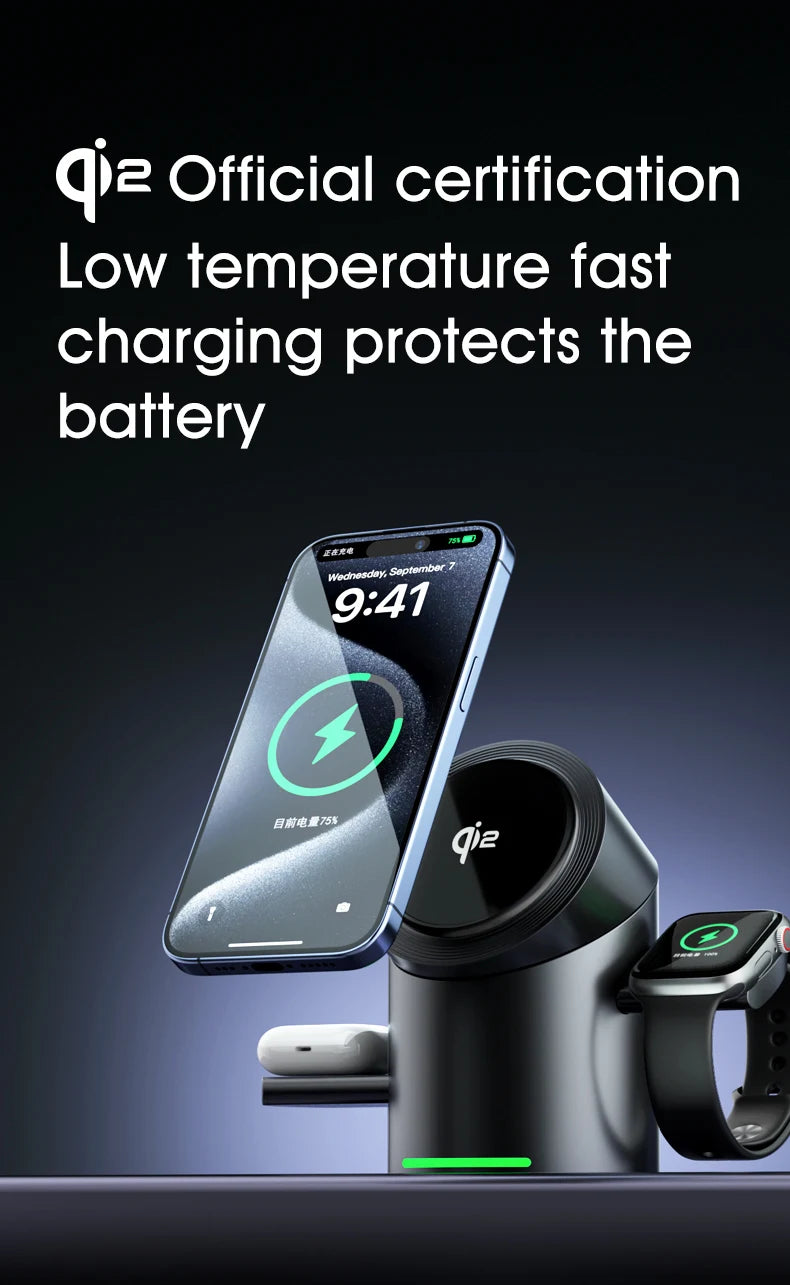 New Smart 15W Qi2 3 In 1 Magsafe Magnetic Autorotation Wireless Charger For iPhone iWatch Airpods Fast Charging Dock Station