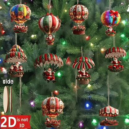 10Pcs Christmas Wooden Hot Air Balloon Santa Claus 2D Flat Wooden Pendant Christmas Tree Decoration Perfect Holiday Gift Decor
