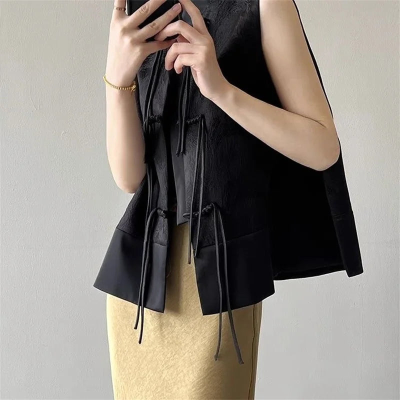 Chinese New Plate Button Vest Jacket 2025 Spring New Jacquard Stand Collar Sleeveless Waistcoat Retro Women Cheongsam Tops