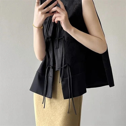 Chinese New Plate Button Vest Jacket 2025 Spring New Jacquard Stand Collar Sleeveless Waistcoat Retro Women Cheongsam Tops