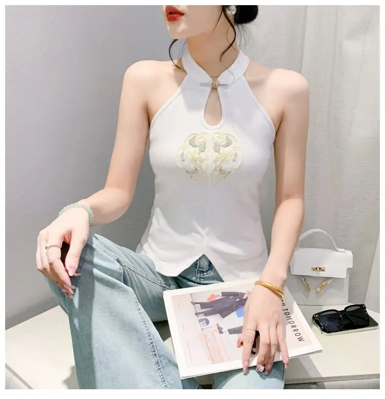 Chinese Style Embroidered Halterneck Vest Ladies Sleeveless Summer Wear Off-the-shoulder Small Suspender Chinese Slim Tank Top