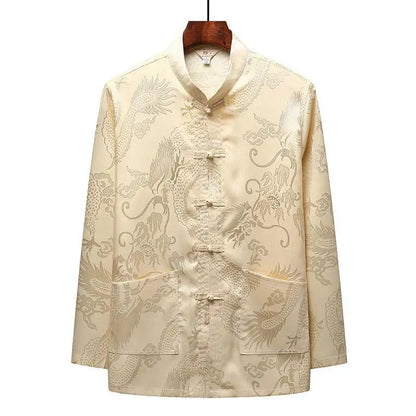Chinese-style Men Short-sleeved Shirt, Summer Stand-up Collar Single-breasted Shirts, Decorated with Chinese Dragon Patterns.