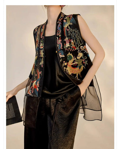 Oriental Vintage Tang Suit Women Vest Black Jacquard Heavy Phoenix Embroidery Organza Splicing Side Tie Sleeveless Waistcoat