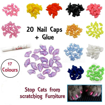 Lovely 20pcs Silicone Soft Cat Nail Caps Cat Nail Covers Pet Claw Paws Caps Adhesive Glue Animal Protection