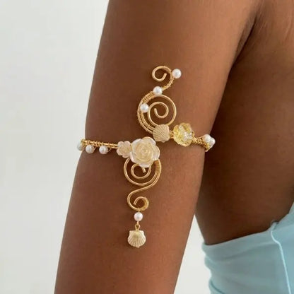Elegant Gold Color Wire-Wrapped Upper Arm Cuff for Women Romantic Pink Iris Flower Armlet Bracelet Beach Party Charms Jewelry