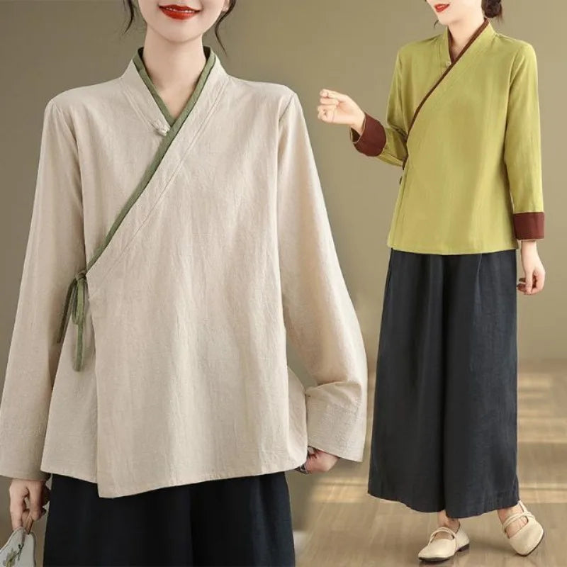 Womens Chinese Style Improved Hanfu Blouse Oblique V Neck Tie Side Contrast Trim Loose Cotton Linen Zen Tea Clothing Tops