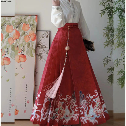 Vintage Women Chinese Traditional Hanfu Cardigan Shirt + Blue Pleated Mamian Skirt Chinese Hot Hanfu Shirt Horse Face Skirt Set