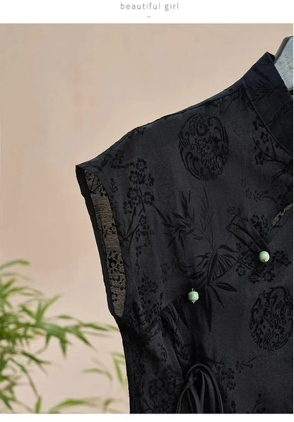 French new Chinese style cheongsam top satin jacquard shoulder short-sleeved T-shirt women new summer retro