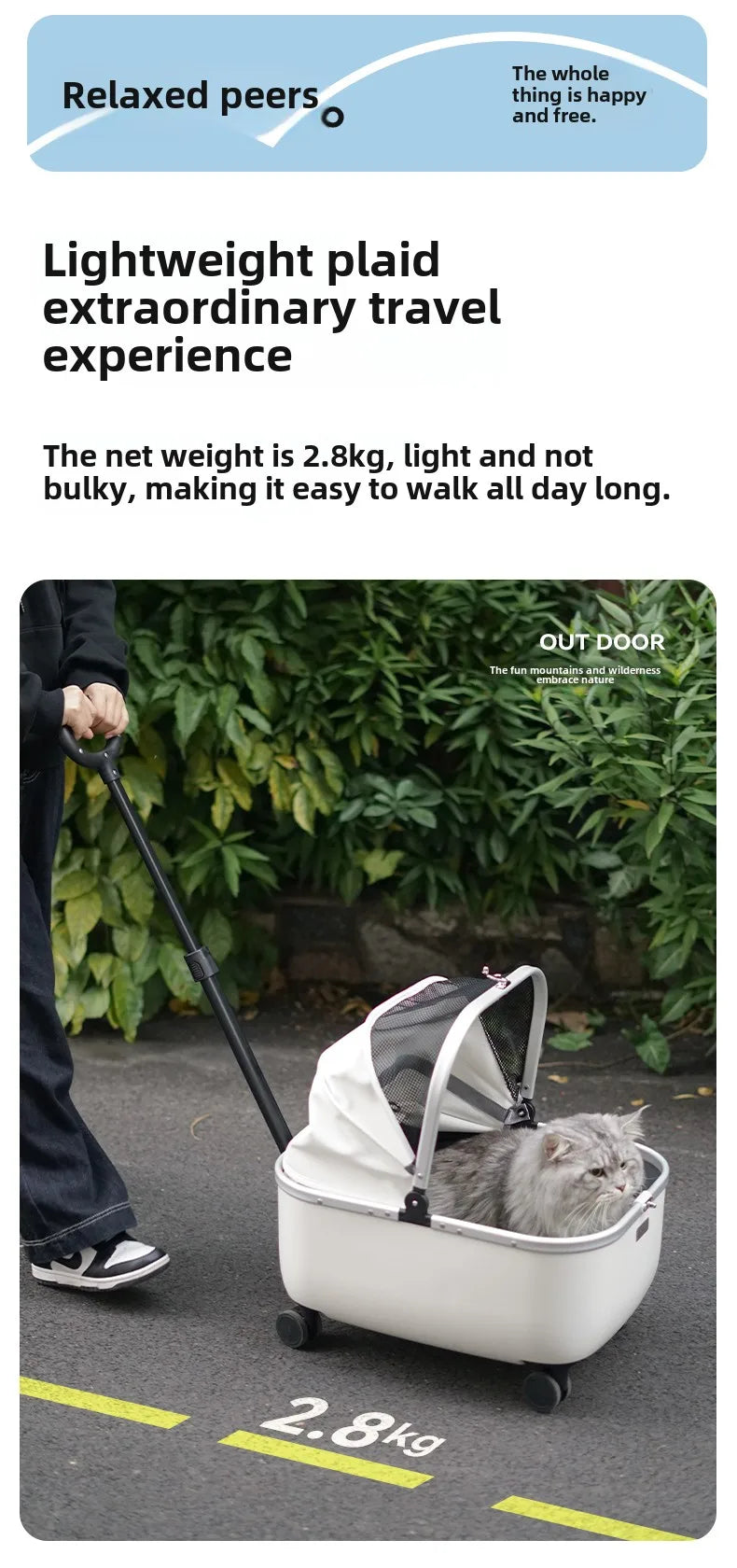 Lightweight Pet Travel Carrier Large Capacity Cat Backpack Shock-Absorbent Rolling Dog Trolley Adjustable Handle Pet Stroller