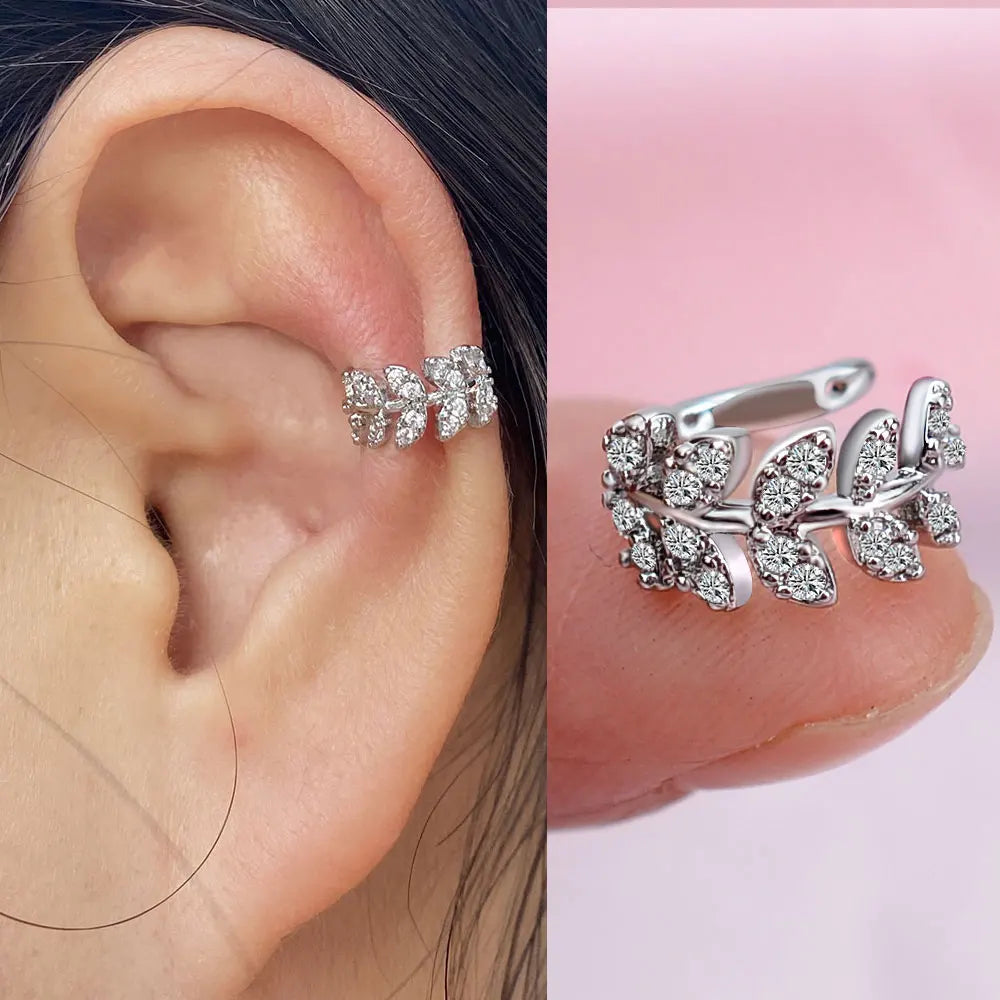 1Pc Fashion Geometry Crystal CZ  Leaf Clip Earring For Women Without Piercing Punk Vintage Star Ear Cuff Wrap Adjustable Jewelry