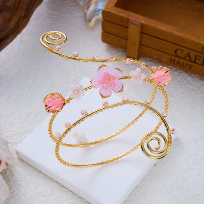 Elegant Gold Color Wire-Wrapped Upper Arm Cuff for Women Romantic Pink Iris Flower Armlet Bracelet Beach Party Charms Jewelry
