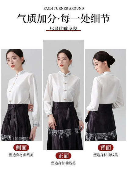 Chinese Style Standing Collar Long Sleeved Shirt for Early Spring Style with Embroidered Chinese Style Women's Clothing Inside