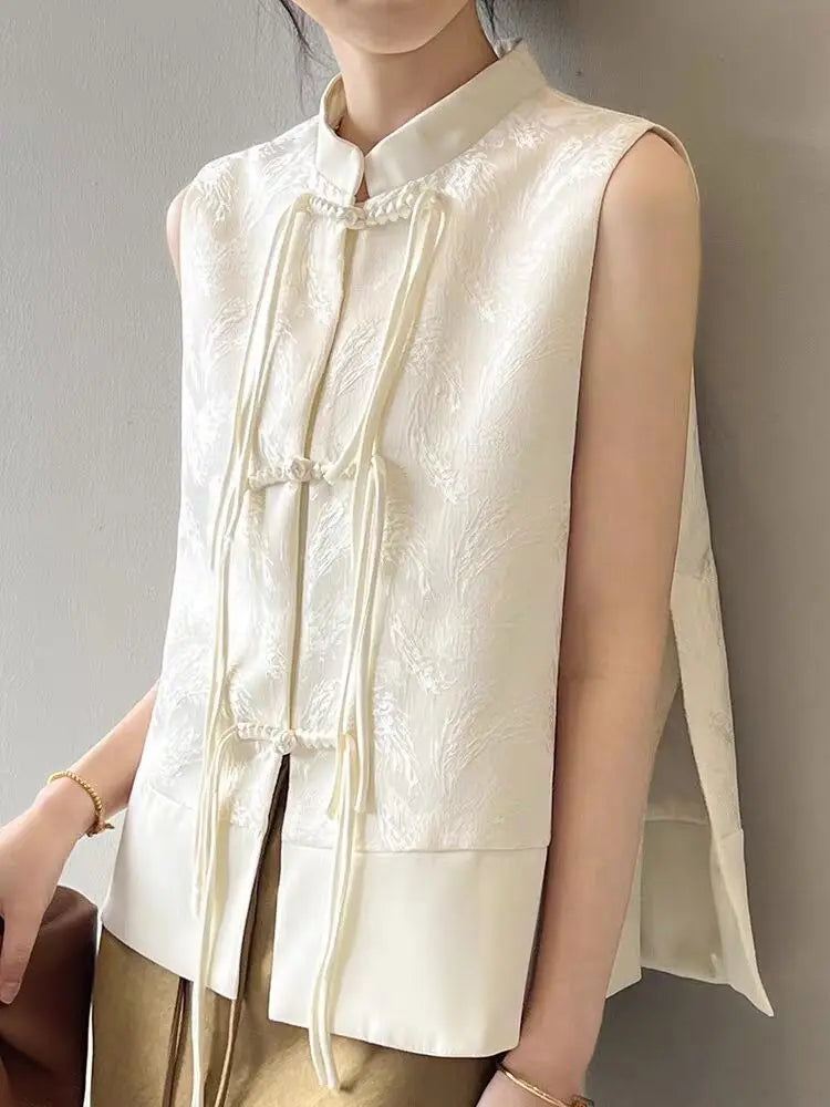Chinese New Plate Button Vest Jacket 2025 Spring New Jacquard Stand Collar Sleeveless Waistcoat Retro Women Cheongsam Tops