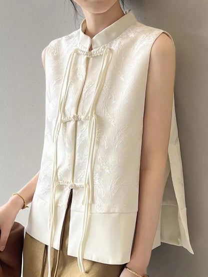 Chinese New Plate Button Vest Jacket 2025 Spring New Jacquard Stand Collar Sleeveless Waistcoat Retro Women Cheongsam Tops