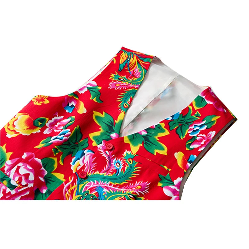 Chinese Style Large Flower Men's Vest - Trendy Printed Slim Fit Vest, Suitable for Both Festive Performances and Daily Wear