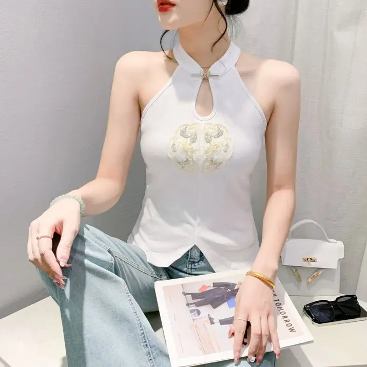 Chinese Style Embroidered Halterneck Vest Ladies Sleeveless Summer Wear Off-the-shoulder Small Suspender Chinese Slim Tank Top