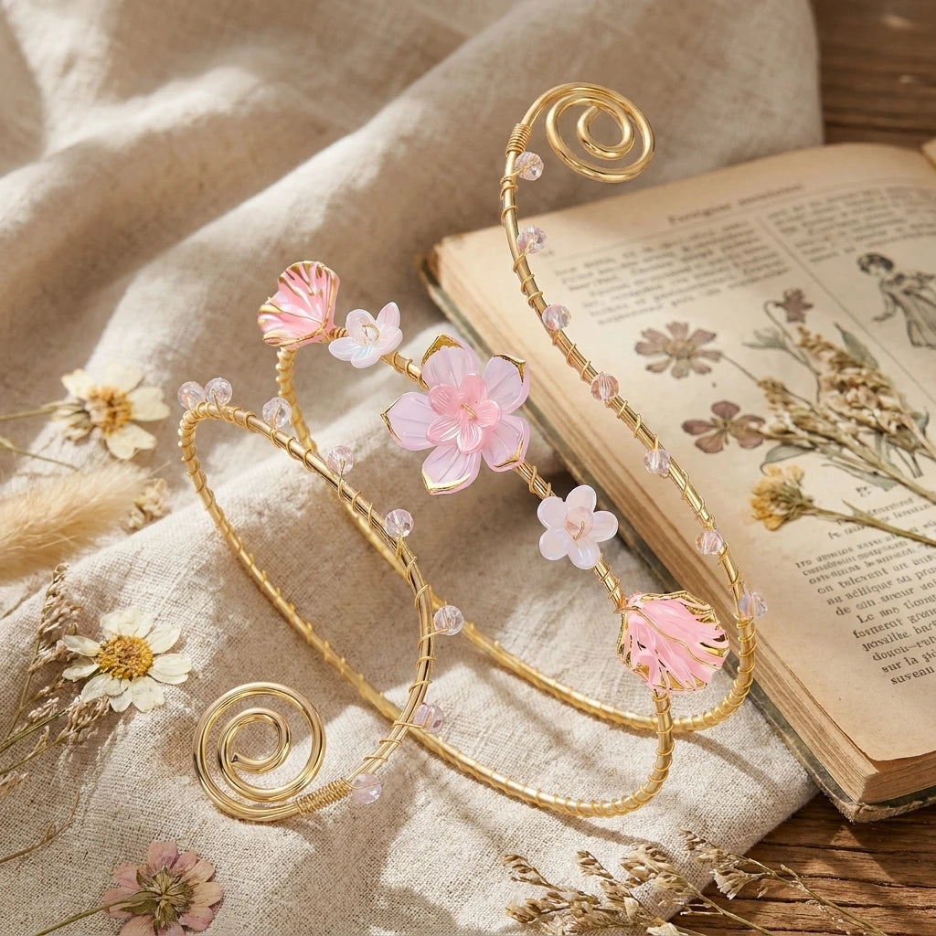 Elegant Gold Color Wire-Wrapped Upper Arm Cuff for Women Romantic Pink Iris Flower Armlet Bracelet Beach Party Charms Jewelry