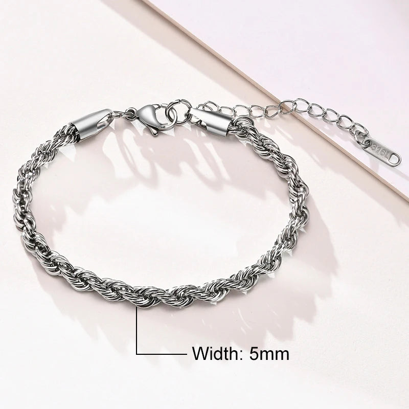 Unisex Rope Chain Bracelets for Men Women, Stainless Steel Twisted Links Chain Bracelet,Simple Classic Jewelry Gift for Him