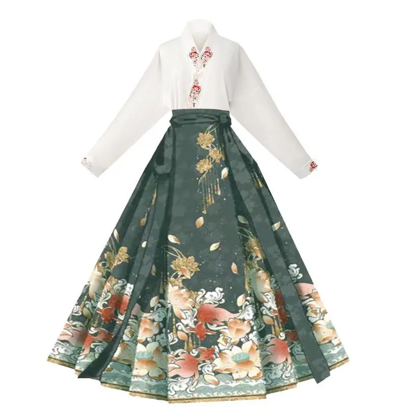 New Chinese Horse Face Skirt Two-piece Women's 2024 New Hanfu Female Tops Fashion Loose Print Birthday Party Banquet Dance Dress