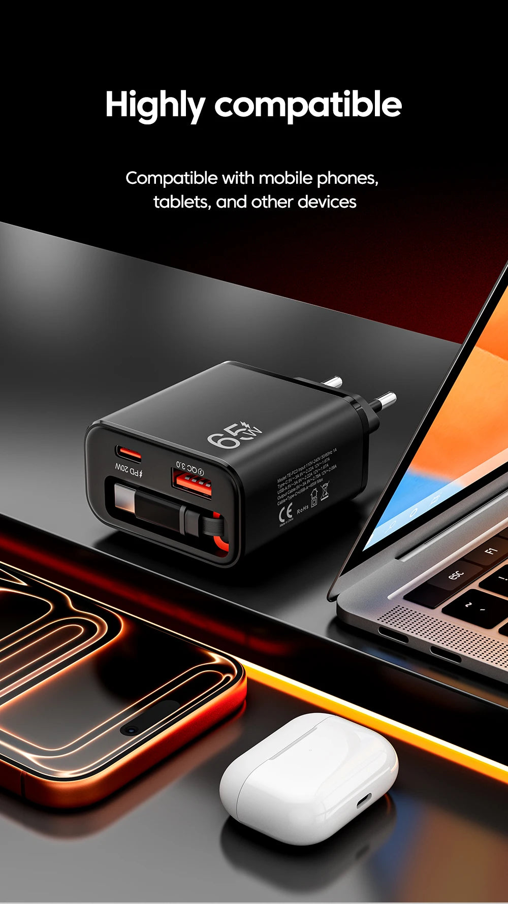 65W Super Fast Charge Type C USB Phone Charger With Retractable USB C Cable For Iphone 17 16 15 Samsung POCO Xiaomi