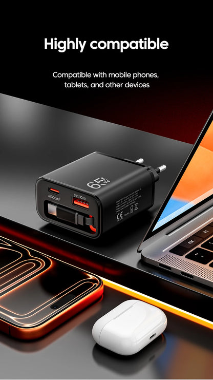 65W Super Fast Charge Type C USB Phone Charger With Retractable USB C Cable For Iphone 17 16 15 Samsung POCO Xiaomi