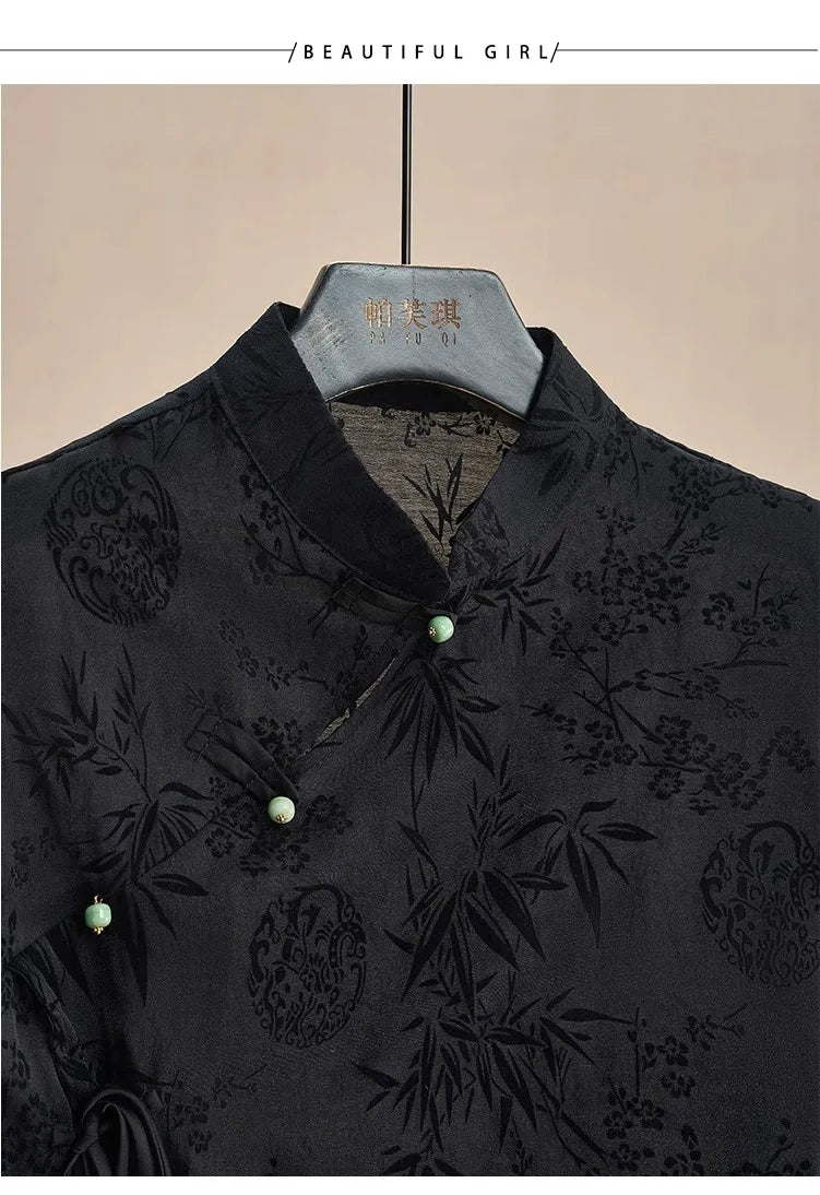 Retro Thin Shirt New Chinese Style Cheongsam Top Black Jacquard Short Sleeve T-shirt Summer Mature Fashion Women's Clothing
