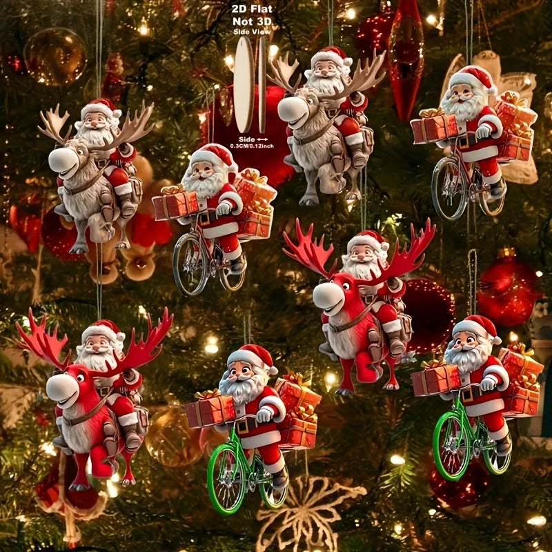 8/16/24Pcs Christmas Wooden Bicycle Santa Claus 2D Flat Wooden Pendant Christmas Tree Decoration Perfect Holiday Gift Decor