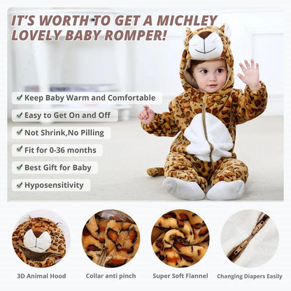 MICHLEY Carniva Baby Rompers Winter Clothes Flannel Hooded Bodysuits Pajamas Animals Overall Jumpsuit For Girls Boys Kids