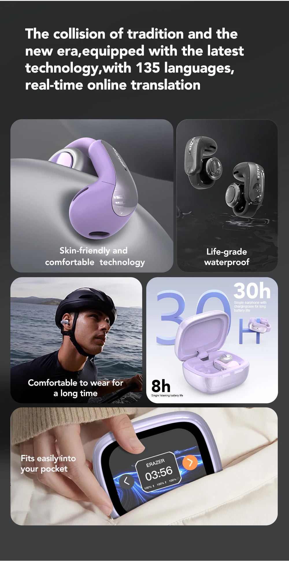 Translator ERAZER XF28 Bluetooth V6.0 Open-ear True Wireless EarbudsTranslation Earphones Office Travel,ASMR Headset APP