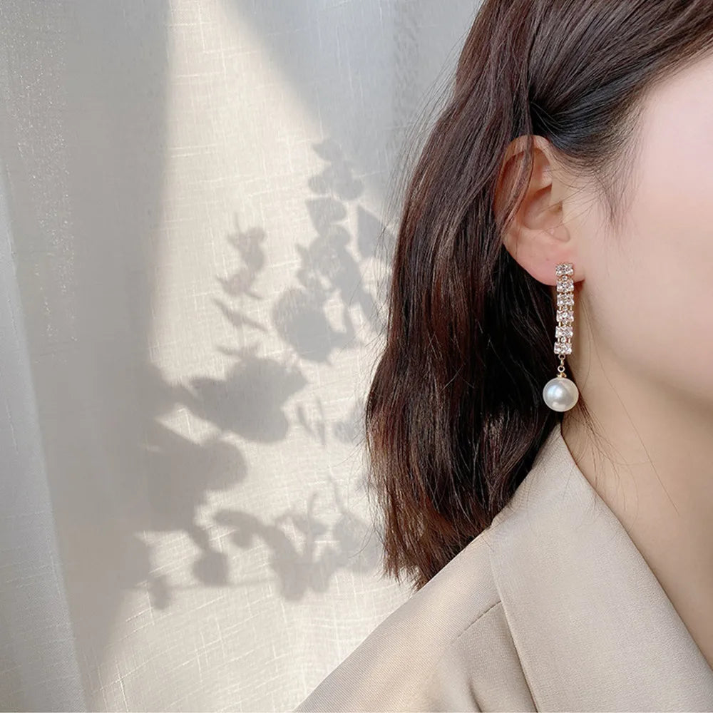 New Trend Simulation Pearl Long Earrings Women's Flower Rhinestone Wedding Pendant Earrings Fashion Korean Jewelry Earrings