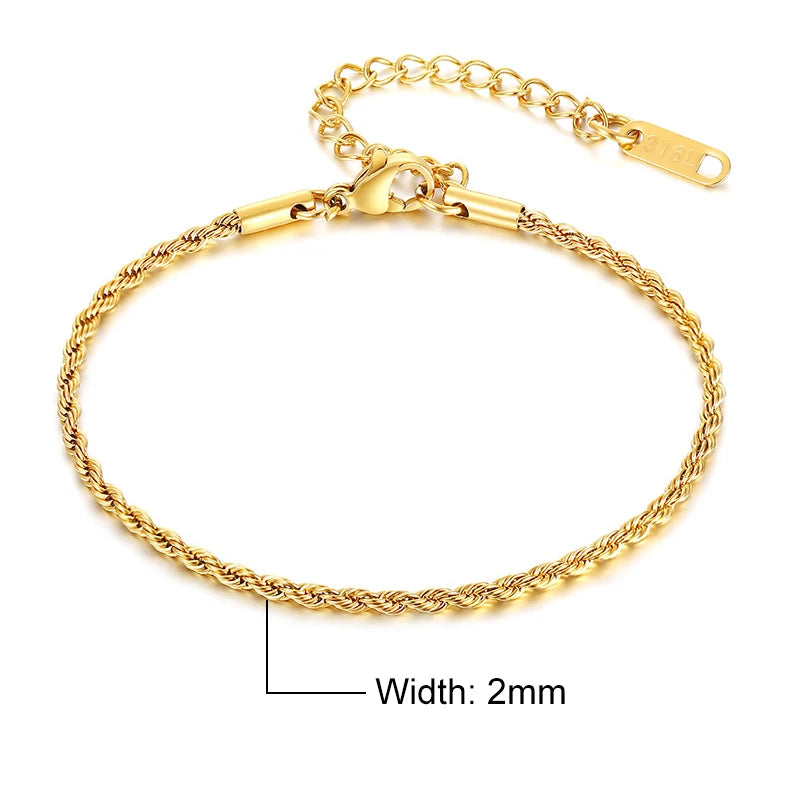 Unisex Rope Chain Bracelets for Men Women, Stainless Steel Twisted Links Chain Bracelet,Simple Classic Jewelry Gift for Him